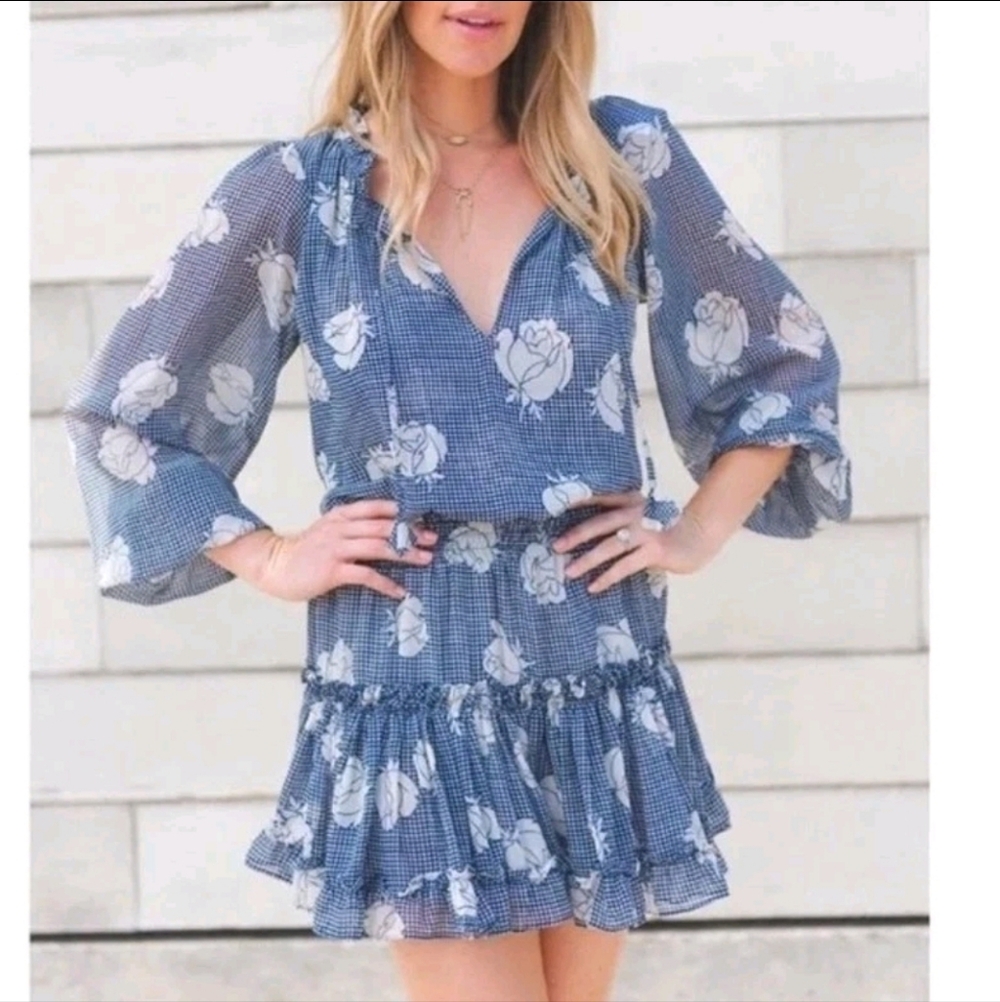 Misa Los Angeles Duval Blue Floral Tie-Neck Tiered Mini Dress